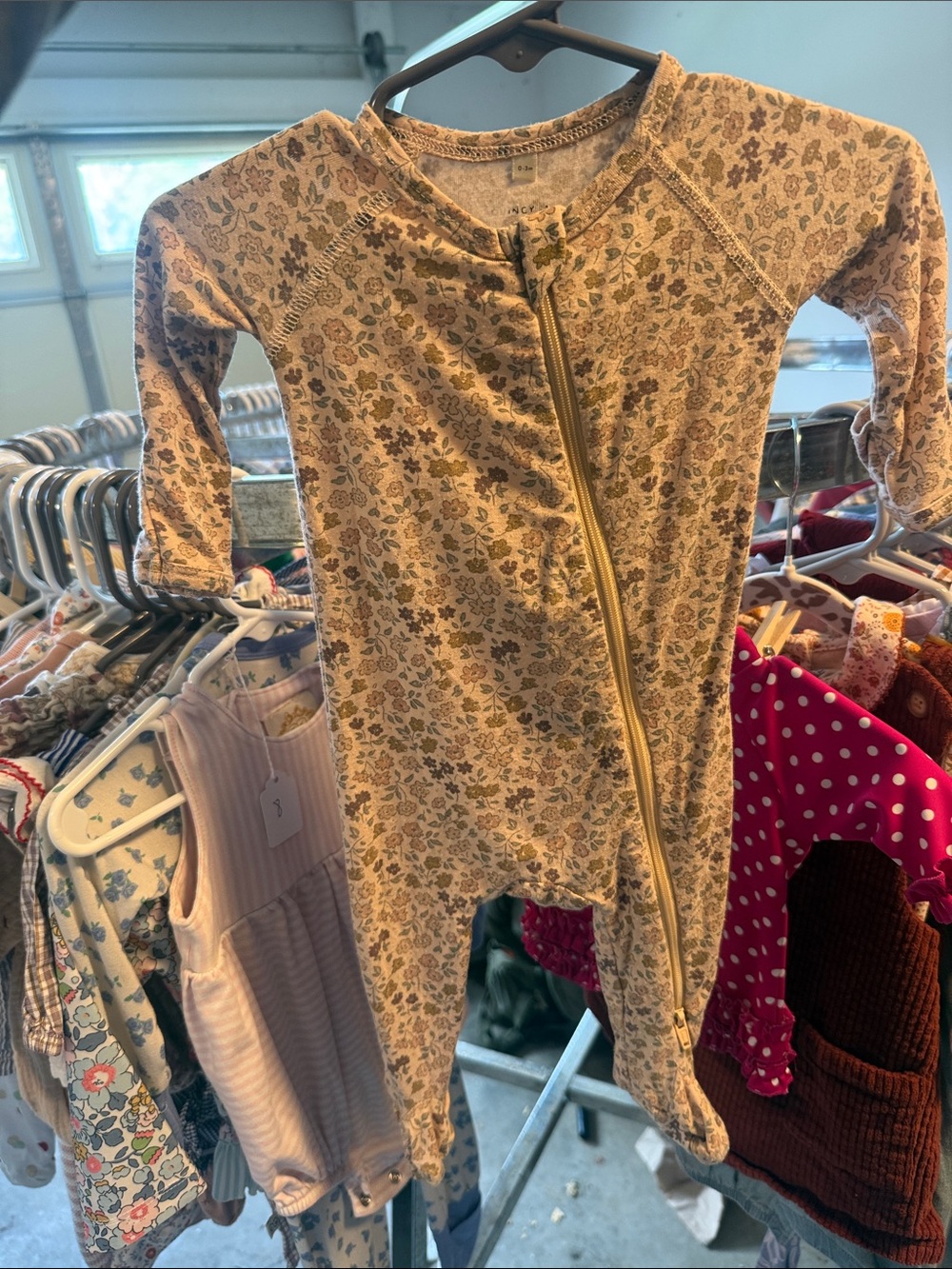 Quincy Mae Floral Zip One-Piece Pajamas in Beige and Brown